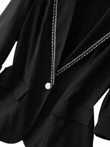 GlowEve CURVE Plus Size Women's Solid Color Rhinestone Collar Waist Fitted 3/4 Sleeve Blazer Jacket, Suitable For Business, Party, Wedding - Black - View 5