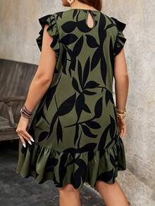 Breezaya Vestido de verano casual y holgado con estampado floral y mangas con volantes para mujer de talla grande - Verde militar - Ver 2