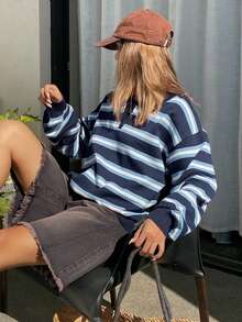 Livesso Áo len cổ lọ kẻ sọc cổ điển mùa thu dành cho nữ - Màu xanh nhạt - Xem 4