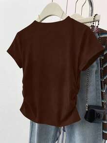 SHEIN Áo thun nữ cổ tròn tay ngắn xếp ly màu trơn đa năng thường ngày - Cà phê nâu - Xem 2