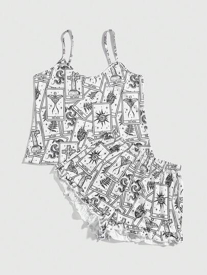 ROMWE Goth Conjunto de pijama casual de camiseta y pantalones cortos con estampado de espada, corazón y carta del tarot de la lápida de la polilla gótica para mujer