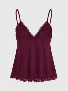 ROMWE Fairycore 女士纯色撞色蕾丝吊带背心 - 紅色 - 查看 2