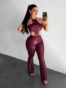 SHEIN SXY 大码女士性感露腰吊带连体裤 - 玫瑰紅 - 查看 5