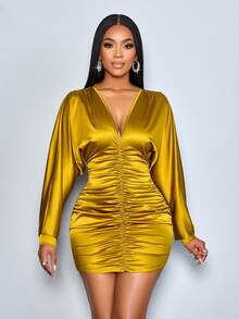 SOLERSUN Women's Fashion Elegant Party Solid Color Sexy Deep V-Neck Ruched Gathered Waist Fitted Mini Dress Satin Women Outfit For Commuting And Casual Dating,Christmas Sexy & Romantic Fall Women Clothes Winter Women Clothes Glossy Fabrics - Mustard Yellow - View 6