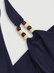 SHEIN MOD Váy ngắn bất đối xứng cổ điển thập niên 70 với chi tiết xếp nếp, cổ yếm, trang trí hạt cườm, viền bánh nhiều lớp và cổ áo xếp nếp - Lấy cảm hứng từ Y2K, hoàn hảo cho kỳ nghỉ trên đảo, tiệc tùng, hẹn hò, tiệc sinh nhật, tiệc trà chiều và lễ hội! - Màu xanh hải quân - Xem 5