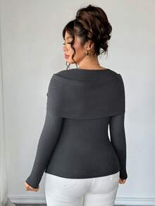 Elenzga Plus Size Women Bow Decor Ribbed Long Sleeve Top - Dark Grey - View 2