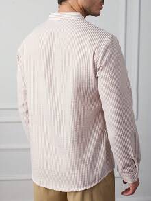 Core Aspect 立领条纹衬衫，半开袖条纹衬衫，长袖条纹衬衫 - 卡其色 - 查看 2