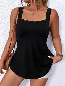 Elenzga 大码女式波浪领宽松休闲吊带背心 - 黑色 - 查看 3