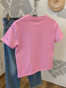 Resyla Shiny Beaded + Rhinestone Embellished Women's Regular Short Sleeve Crew Neck T-Shirt - Pink - View 2