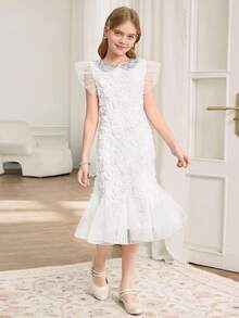Váy ngắn voan chiffon cổ Peter Pan tay lửng họa tiết hoa dễ thương cho bé gái, thích hợp cho đám cưới, tiệc tùng, sinh nhật, ngày lễ tình nhân - trắng - Xem 7