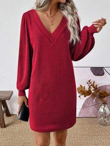 SHEIN 女士纯色V领长袖休闲宽松短裙 - 酒紅色 - 查看 4