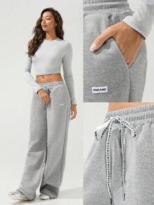 Menodora SHEIN Sport Women's Wide Leg Sporty Sweatpants, Soft Stretchy Fleece Fabric, Adjustable Printed Drawstring Waist, Deep Side Pockets, Relaxed Fit For Casual Comfort And Easy Movement - Grey - View 6