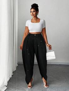 大码高腰显瘦休闲时尚裤 - 黑色 - 查看 6