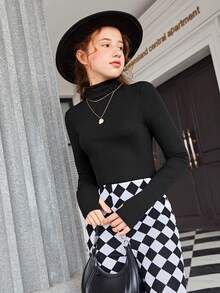 SHEIN 少女休闲纯色高领长袖T恤，适合春、秋、冬季穿着 - 黑色 - 查看 3