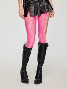 ROMWE Avant 1 Piece Rose Pink Fishnet Socks, Y2K Style Flower Side Hollow Tights, Four-Season Pantyhose, Suitable For Daily, Party Wear - Rose pink - View 5