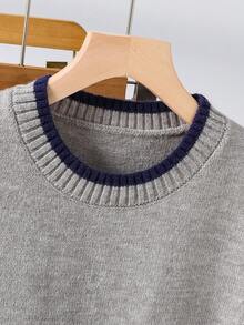 女士针织背心短裤套装（两件套），灰色衣身搭配藏蓝色滚边，休闲学院风度假装 - 灰色 - 查看 3