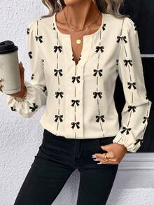 EMERY ROSE 休闲复古优雅通勤百搭保暖可爱卡其色蝴蝶结印花V领长泡泡袖女式衬衫，适合春秋季穿着，舒适百搭。 - 彩色 - 查看 5