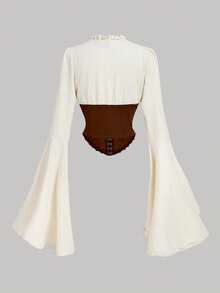 SHEIN MOD Women's Waist Cincher Colorblock Frill Trim Bell Sleeve Blouse - Brown - View 3