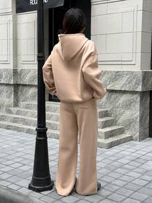 SHEIN EZwear 2 Pieces Thermal Lined Hoodie & Pants Set In Khaki, Women Casual Sweatsuit For Autumn/Winter - Khaki - View 2