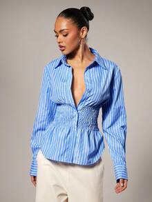 Hauture Women's Casual Striped Waist Cinching Front Button Long Sleeve Shirt, Autumn - Blue and White - View 2