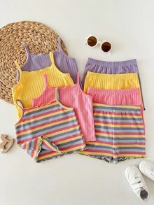 This 8-Piece Baby Girl Casual And Simple Striped Tank Top And Shorts Set Is Perfect For Spring And Summer, Suitable For Various Occasions Such As . - Multicolor - View 3