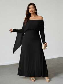 Firerie 大码女士优雅休闲度假约会派对下午茶精致迷人ins风时尚褶皱露肩披肩不对称下摆弹力长袖连衣裙 - 黑色 - 查看 6