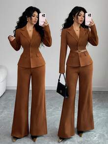 SHEIN Elenzya New Women's Suede Fabric Long Sleeve Fitted Blazer Style Paired With Elastic Waist Flared Leg Pants, Young & Elegant Office/Casual 2 Pieces Set - Brown - View 3