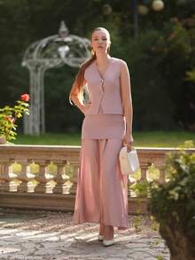 Anewsta 女士纯色单排扣针织背心和褶裥针织裙套装 - 藕粉色 - 查看 8