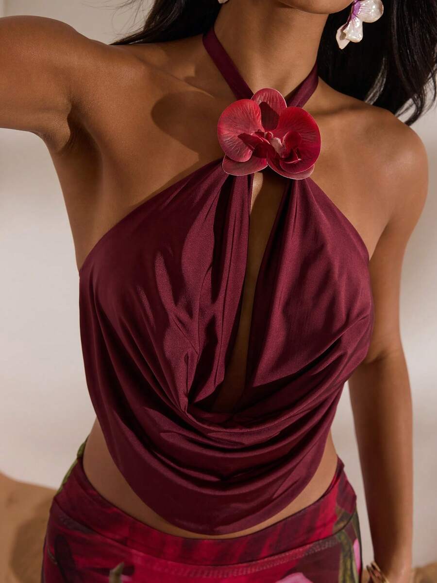 Opulessa 1件装女士纯色针织露背吊带上衣，春夏皆宜，情人节、狂欢节服装，优雅上衣，适合派对、海滩、婚礼宾客、夏季度假、休闲穿着，吊带上衣，酒红色上衣 - 紅色 - 查看 1