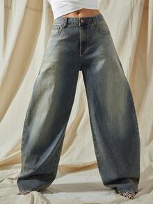 Vixey Quần jeans ống rộng cạp trễ có túi dành cho nữ, dáng rộng, dễ phối đồ - Rửa tối - Xem 2