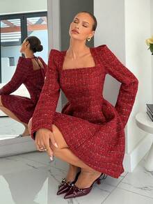 Siren Gaze 女士新年纯红色迷你A字褶边连衣裙，方领设计，性感优雅，收腰长袖修身连衣裙，适合圣诞节、约会之夜等场合。女士优雅粗花呢格纹方领泡泡袖收腰迷你连衣裙，圣诞节服装，圣诞礼服，圣诞派对礼服，新年礼服，女士新年夜礼服，派对礼服，圣诞派对红色连衣裙，闪亮连衣裙，女士红色连衣裙 - 櫻桃紅 - 查看 1
