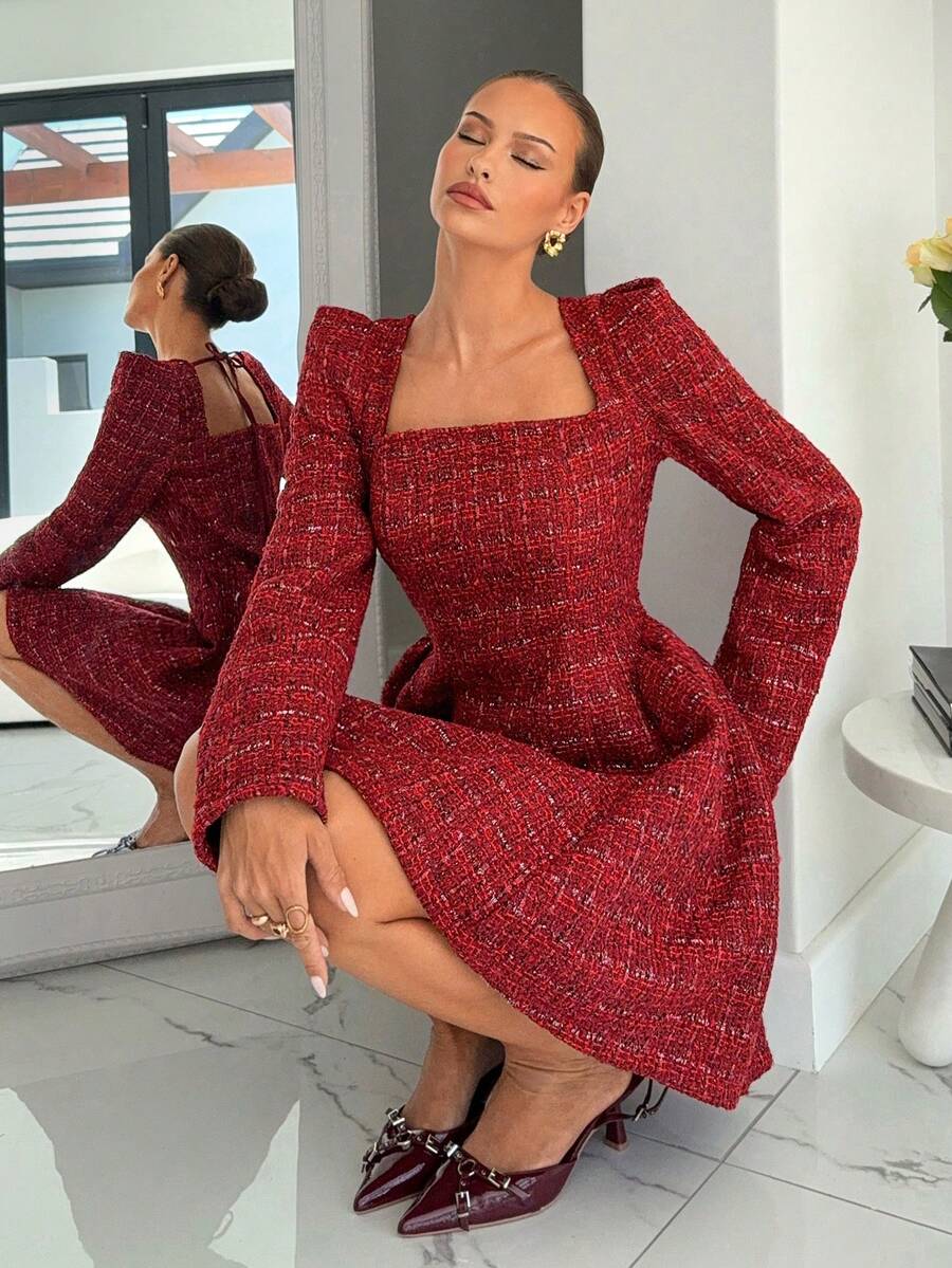 Siren Gaze 女士新年纯红色迷你A字褶边连衣裙，方领设计，性感优雅，收腰长袖修身连衣裙，适合圣诞节、约会之夜等场合。女士优雅粗花呢格纹方领泡泡袖收腰迷你连衣裙，圣诞节服装，圣诞礼服，圣诞派对礼服，新年礼服，女士新年夜礼服，派对礼服，圣诞派对红色连衣裙，闪亮连衣裙，女士红色连衣裙 - 櫻桃紅 - 查看 1