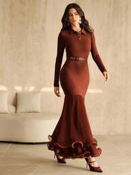 Anewsta Elegante y acogedor vestido de punto de unicolor de Navidad con parches, plisados y dobladillo de cola de pez de manga larga para mujeres