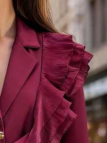 EMERY ROSE 女士优雅奢华正式礼服套装，亮片欧根纱荷叶边领带西装套装，包含长袖外套和直筒裤，酒红色，适合万圣节、圣诞节、新年派对、毕业典礼、婚礼等场合。 - 酒紅色 - 查看 3