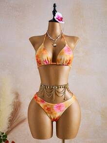 Bellisia 3pcs Women Orange & Pink Floral Print Cake Style Swimsuit Set - Multicolor - View 4