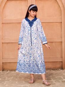 Tween Girl Floral Print Long Sleeve Loose Casual Dress - Blue - View 4