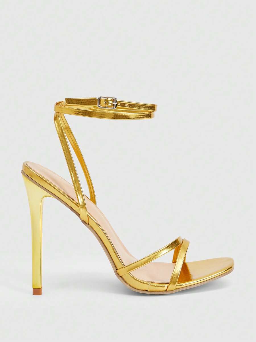 SHEIN BAE Giày cao gót thời trang nữ, Giày quai kim loại, Giày quấn quanh, Giày mũi vuông tối giản, Giày gót mạ vàng, Giày gót mỏng, Phong cách ngoài trời mùa hè, Giày màu vàng cho nữ