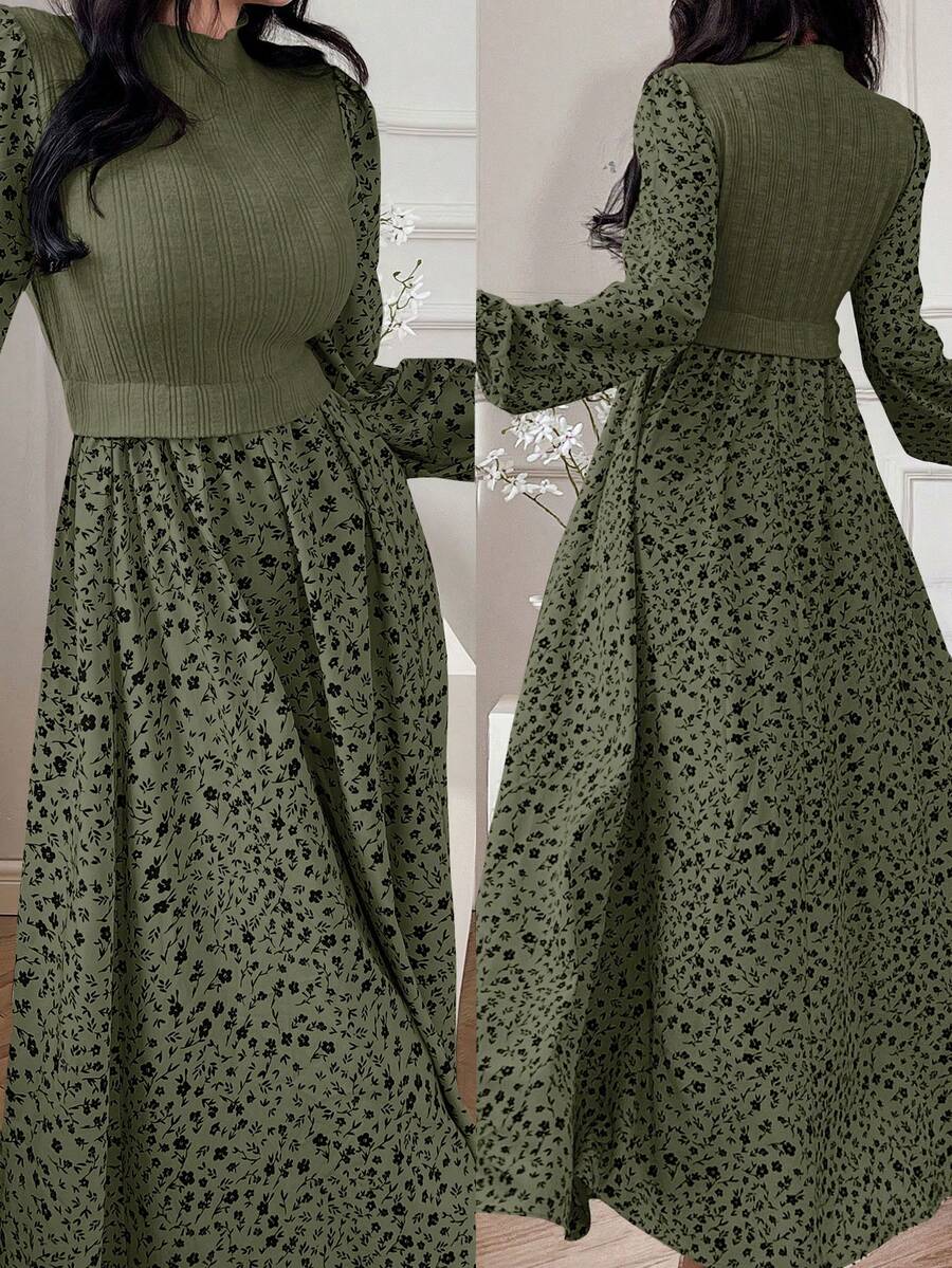 Feyla Women's Casual Vacation Style Ditsy Floral Lantern Sleeve 2 In 1 Arabic Dress, Spring/Autumn Green Elegant Dress Women Olive Dress - Army Green - View 1