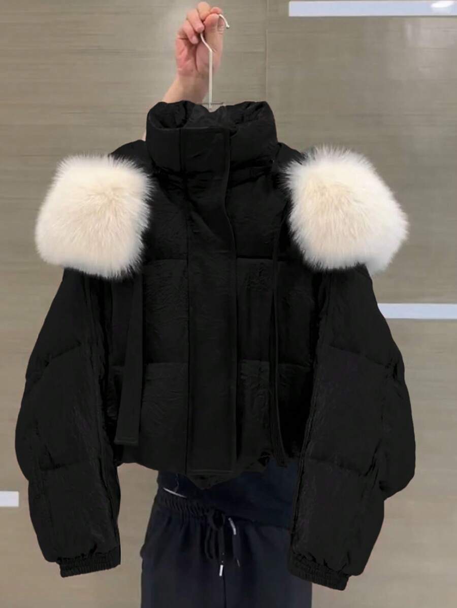 SHEIN Clasi 冬季加大码纯色人造毛皮拼接连帽长袖棉服外套 - 黑色 - 查看 1