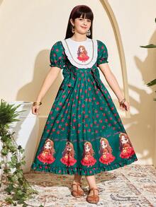 Vestido verde con manga de farol, volantes y moño con estampado floral de rosa, diseño de princesa de dibujos animados, adecuado para salidas, escuela, transporte, uso primaveral, Ramadán, abaya, jalabiya, ropa árabe tradicional - Verde - Ver 3