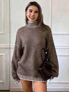 DAZY Women's Casual Contrast Color Turtleneck Sweater, Autumn