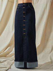 Vixey High Waist Cuffed Hem Button Up Maxi Denim Skirt With Stretch - Dark Wash - View 1
