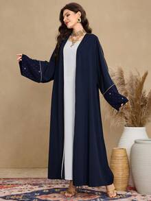 Al Najma Váy Abaya Ả Rập rộng rãi thời trang cổ điển dành cho nữ, thêu chấm vàng, chắp vá, viền vàng - Màu xanh lam - Xem 5