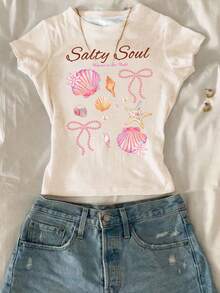 SHEIN Chill Vacation Tropical Hibisco, Frangipani, Estrela-do-mar e Concha com Tema de Praia, Camiseta Casual Slim Fit para Meninas Pré-adolescentes, Gola Redonda Confortável e Longa, Conjunto com 3 Peças em Branco, Marfim, Rosa Claro, Verão - Multicolorido - Ver 5