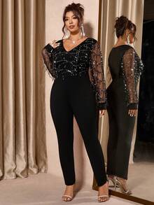 Cravure 大码亮片装饰V领连体裤 - 黑色 - 查看 5