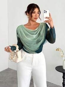 Firerie Áo nữ cỡ lớn thanh lịch cổ xếp ly tay dài in họa tiết ombre ôm sát gợi cảm/Áo thun lưới cỡ lớn, thích hợp cho Ngày Valentine, hòa nhạc, biểu diễn, hẹn hò, tiệc tối trang trọng, dạ hội, mùa cưới, gợi cảm, thanh lịch, đi làm, tựu trường, kỳ nghỉ, bãi biển, lãng mạn, nữ công sở, kiểu nàng tiên cá, tiệc sinh nhật. - Nhiều màu - Xem 3