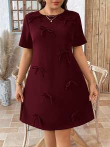 SHEIN LUNE Plus Size Bow Decor Casual Dress For Commuting, Summer 4th Of July White Graduation - Burgundy - View 3