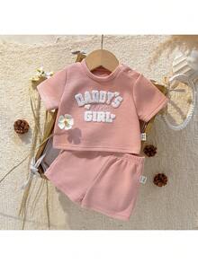 Loomiva Newborn Baby Girl Letter Print Soft Knit Crew Neck Long Sleeve Sweatshirt And Elastic Waist Pants 2-Piece Set - Multicolor - View 1