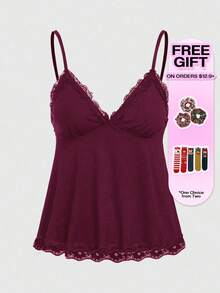 ROMWE Fairycore 女士纯色撞色蕾丝吊带背心 - 紅色 - 查看 5