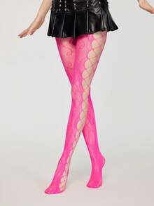 ROMWE Avant 1 Piece Rose Pink Fishnet Socks, Y2K Style Flower Side Hollow Tights, Four-Season Pantyhose, Suitable For Daily, Party Wear - Rose pink - View 3